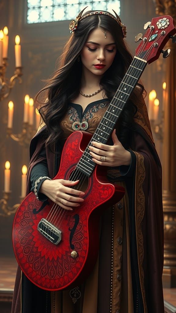 Lady Musician Plays Dragon Guitar in Medieval Concert