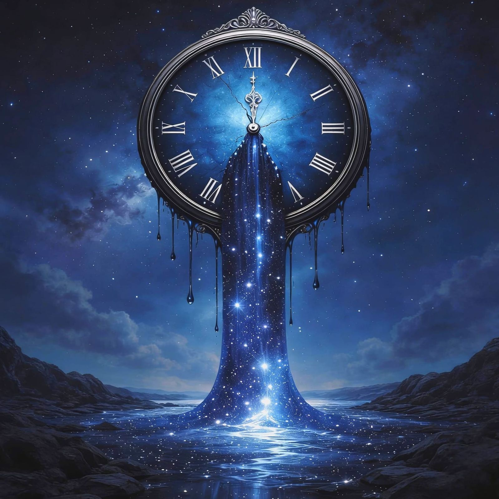 Surreal Melting Clock in Azure Dreamscape