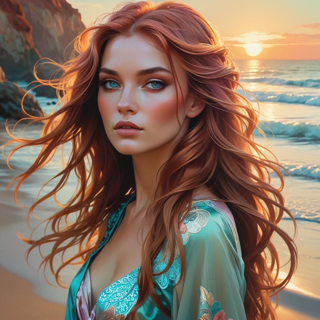 Auburn Haired Beauty Walking on Beach as Splash Art