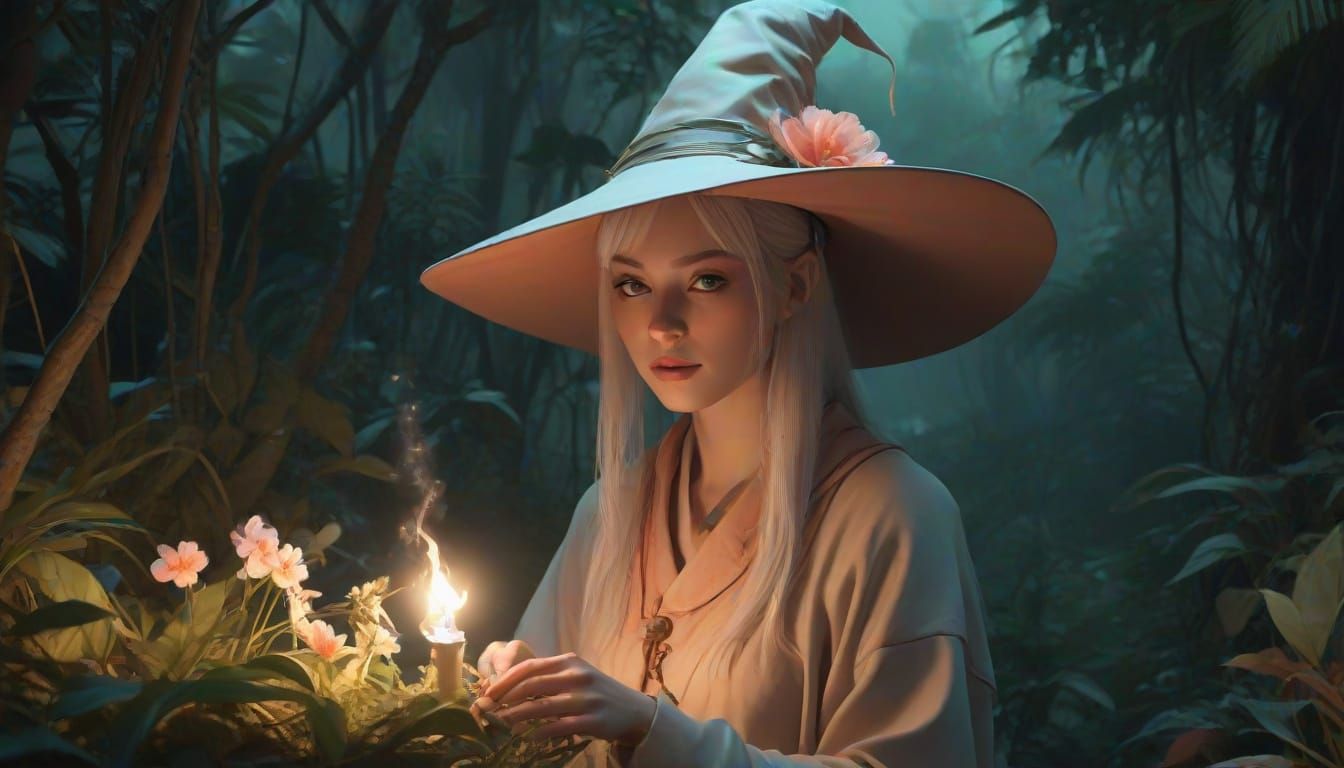 Norrøn Witch Conjuring Djinn in Luminous Jungle