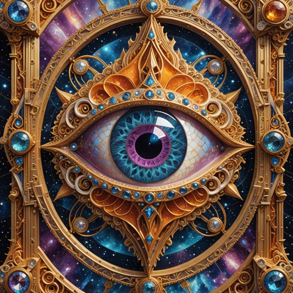 Ethereal Geometric Eye Amidst Cosmic Architecture