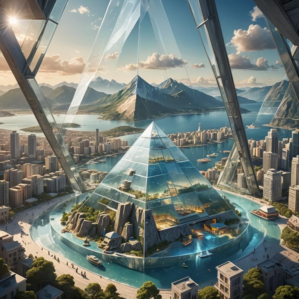 Futuristic City in Glass Pyramid with Seascape