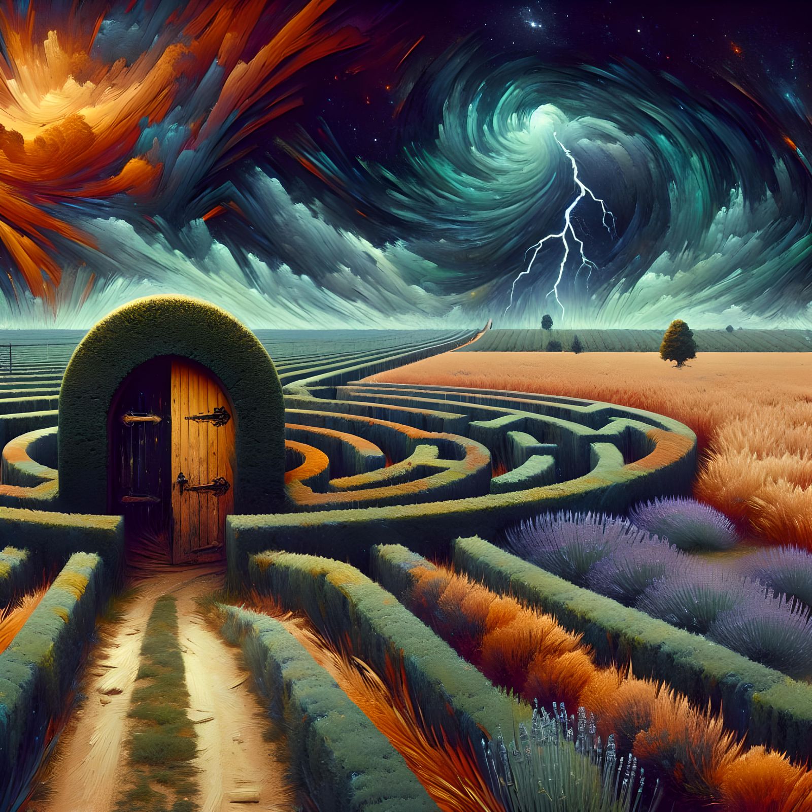 Hedge Maze with Lavender Field in Impasto Style