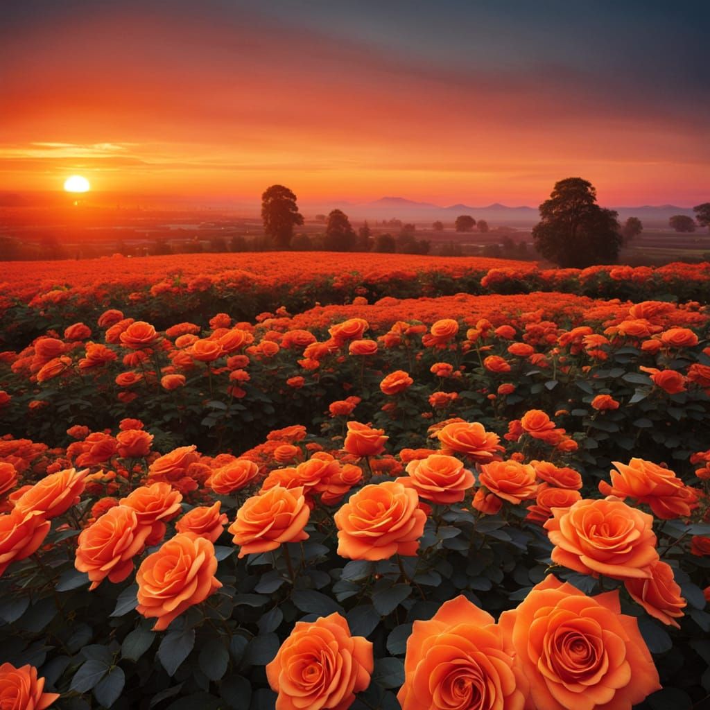 Retro Futurism Orange Roses at Sunset
