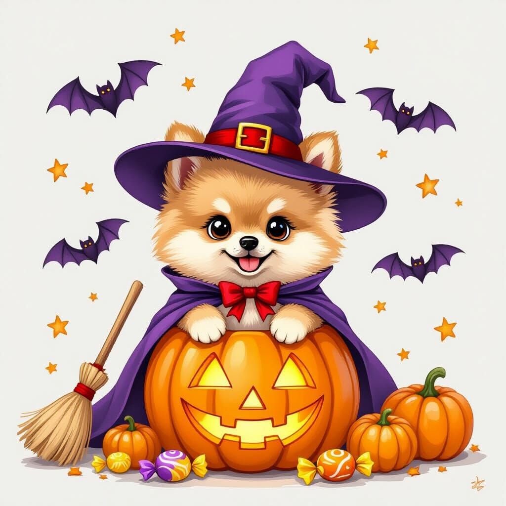 Pomeranian Witch Puppy in Jack-o'-Lantern, Cartoon Illustrat...