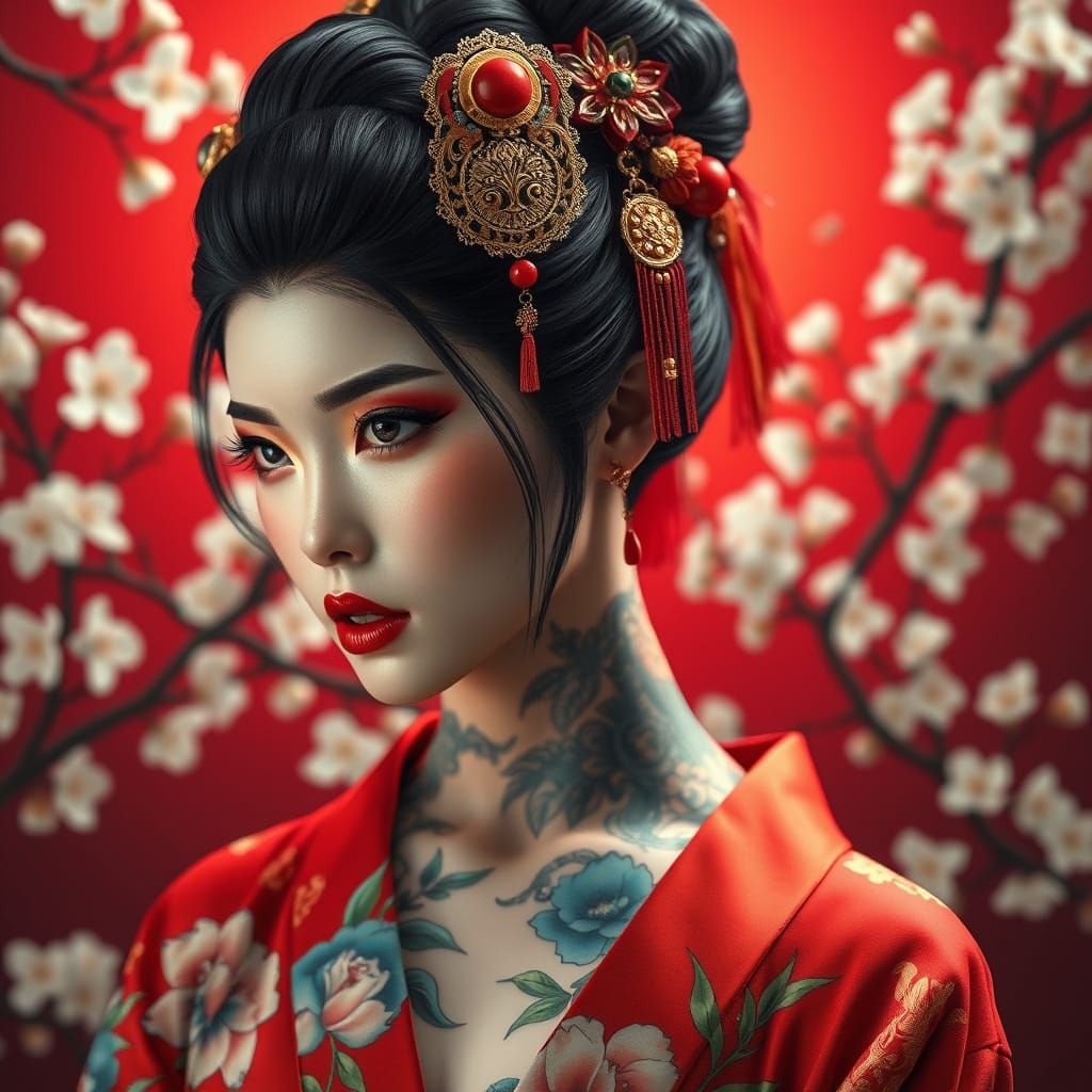 Asian Woman in Vibrant Kimono with Intricate Tattoos and Che...