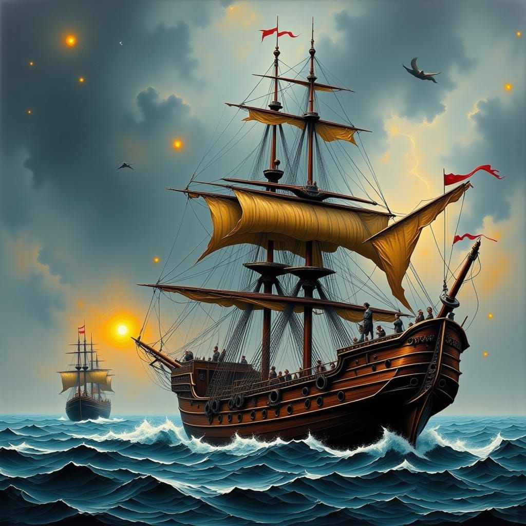 Pirate Ship Firing Cannons at Frigate