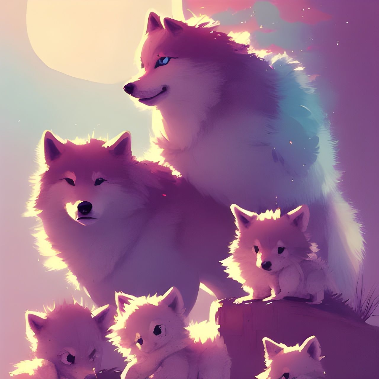 Adorable Fluffy Baby Wolf Family Portrait in Chibi Style