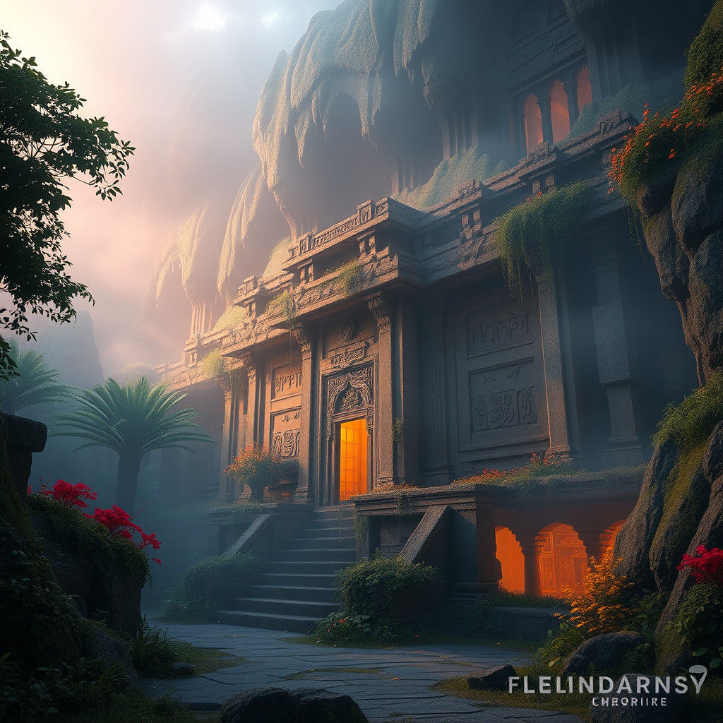 Mysterious Ancient Temple Shrouded in Mist in 8k