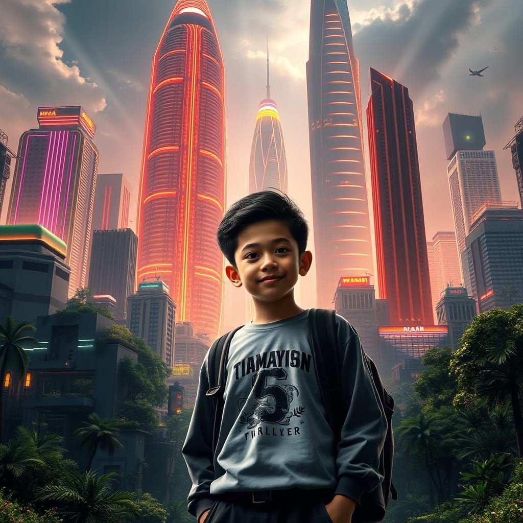 Futuristic Malaysian Cityscape with Boy, Hyper-Realistic Ren...