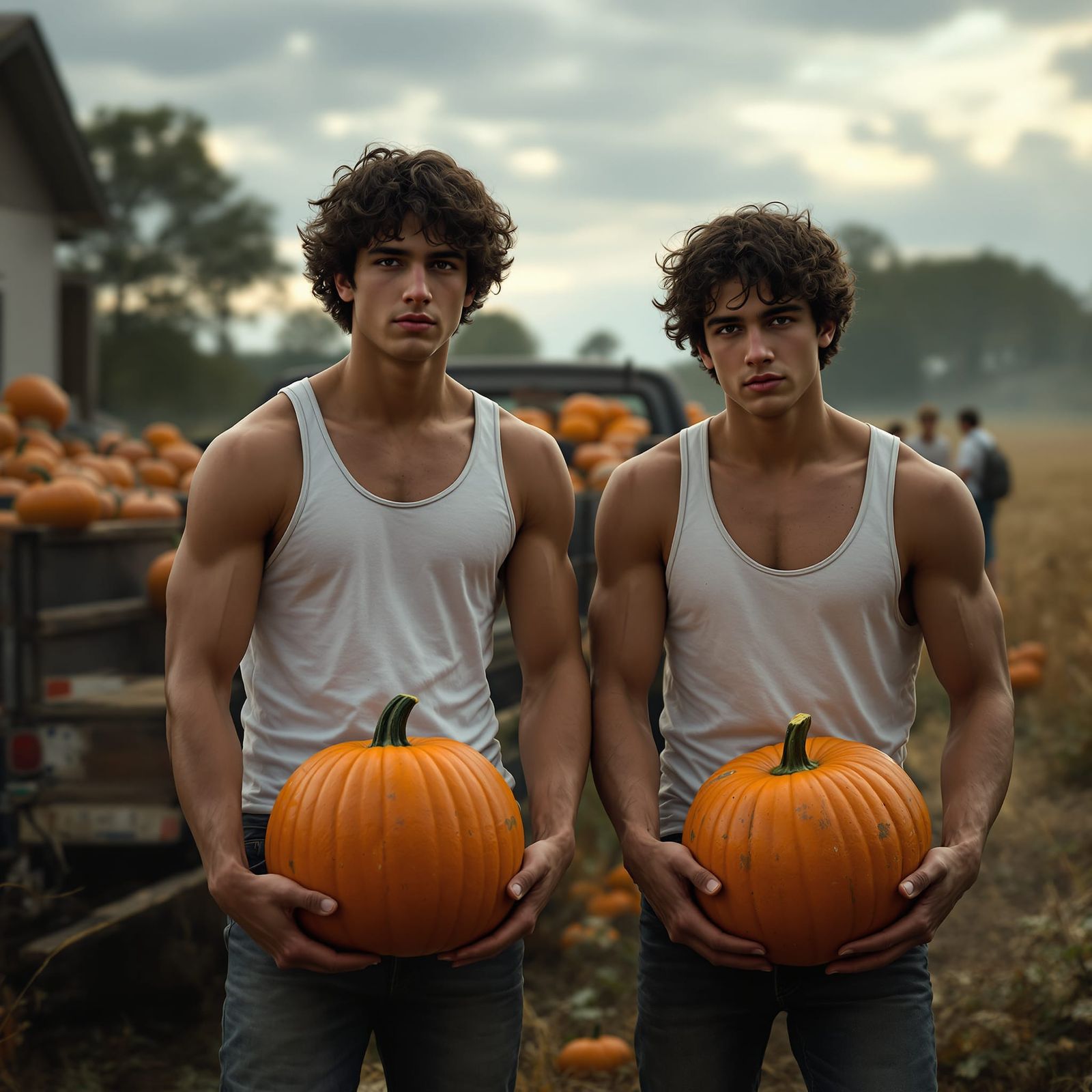 Twin Brothers Hauling Pumpkins in Dramatic Light