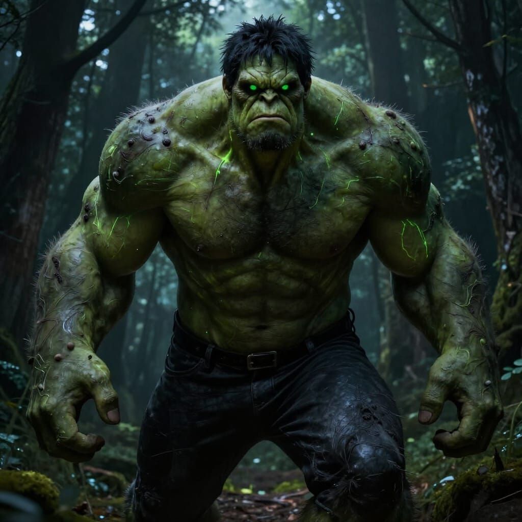 Hulk in Shadowed Forest, Epic Digital Matte Painting