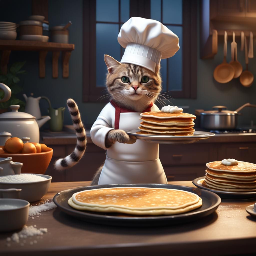 Chef Cat Making Pancakes: Detailed Digital Art