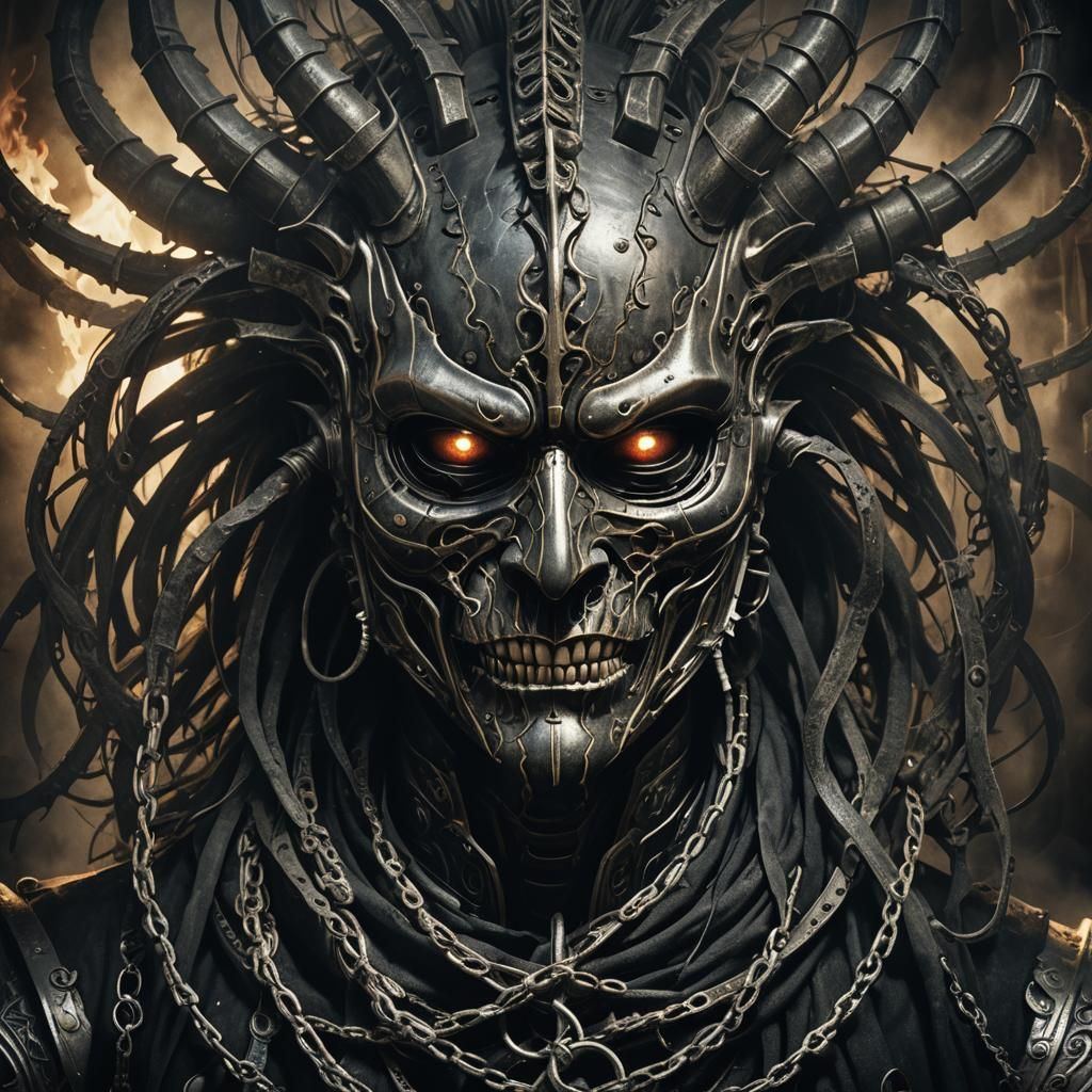 Cyberpunk Warrior Mask in Dark Surrealist Style