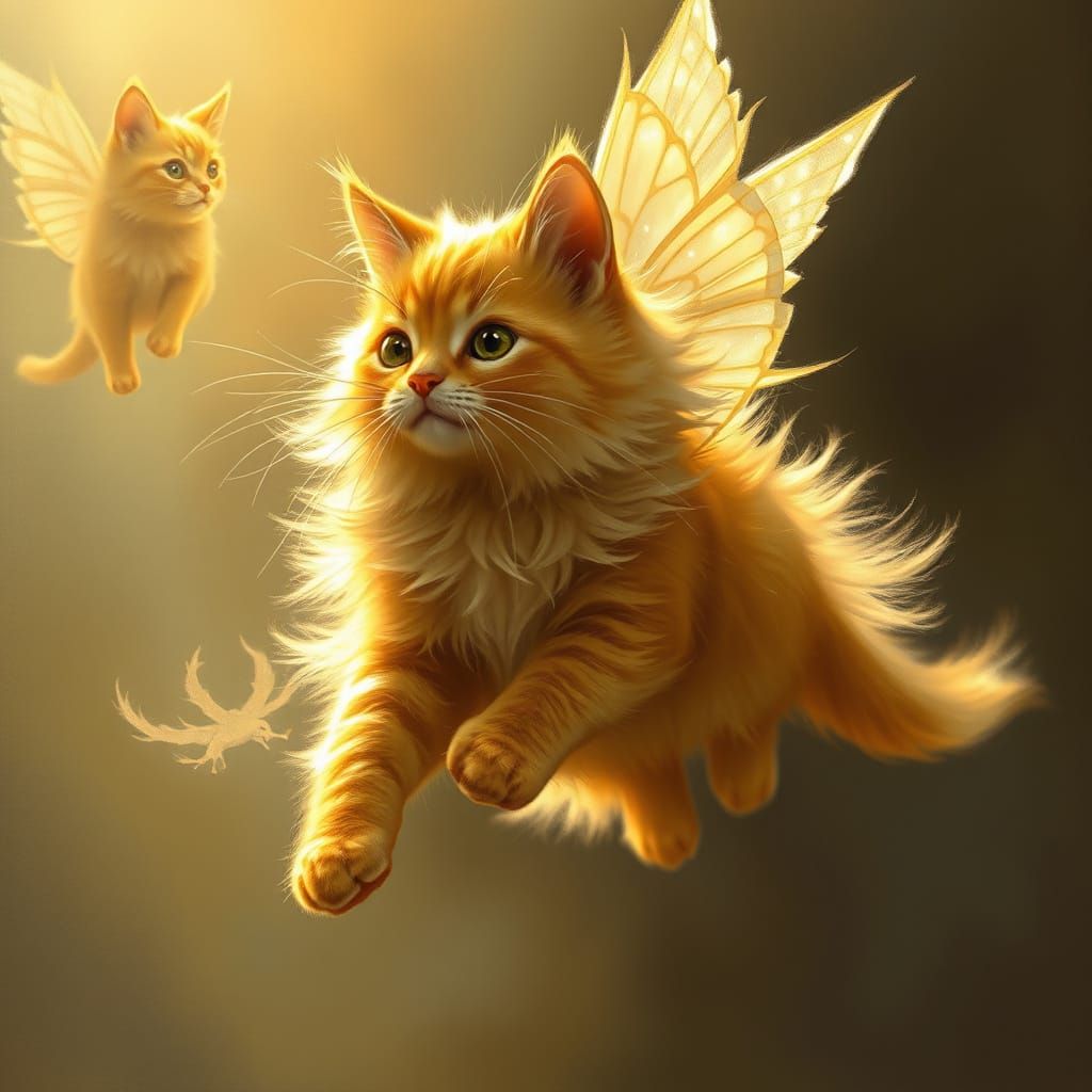 Golden Cat Soars Amidst Whimsical Light