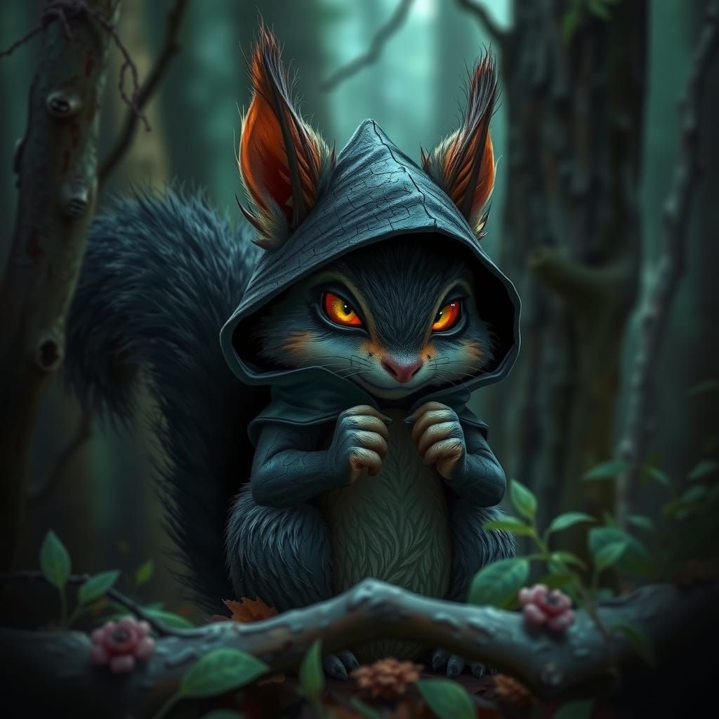 Evil Squirrel Plotting in Dark Forest, Fantasy Art