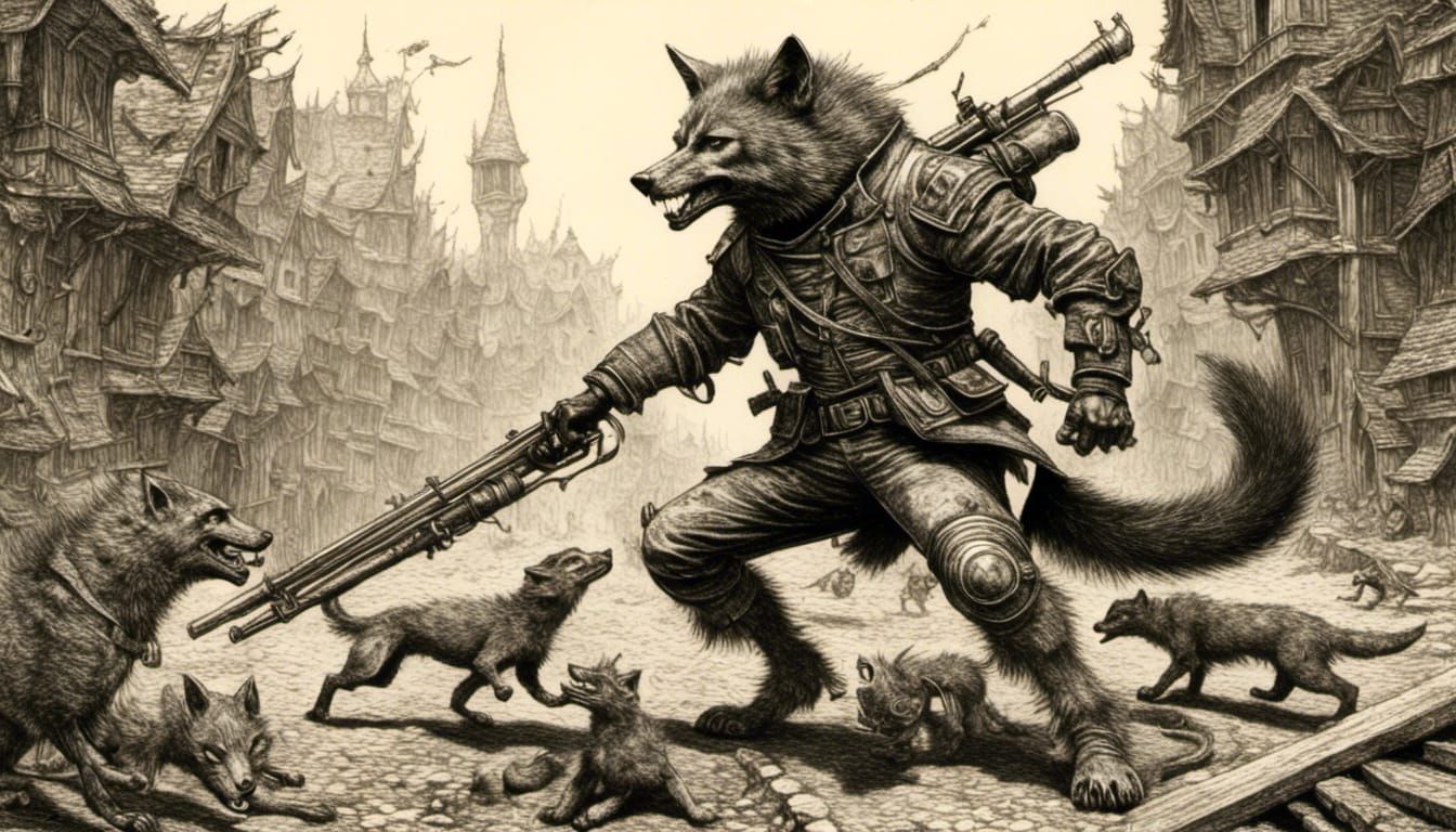 Wolf Mercenary in Combat with Lizard Warrior