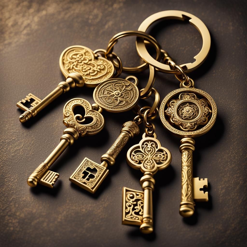 Mysterious Gold Keys with Ancient Symbols Keychain