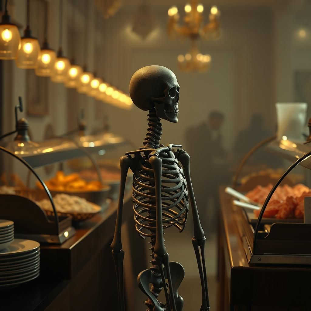 Skeletal Figure Contemplates a Lavish Buffet