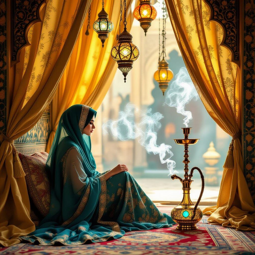 Veiled Woman in Chamber with Hookah, Art Nouveau Style