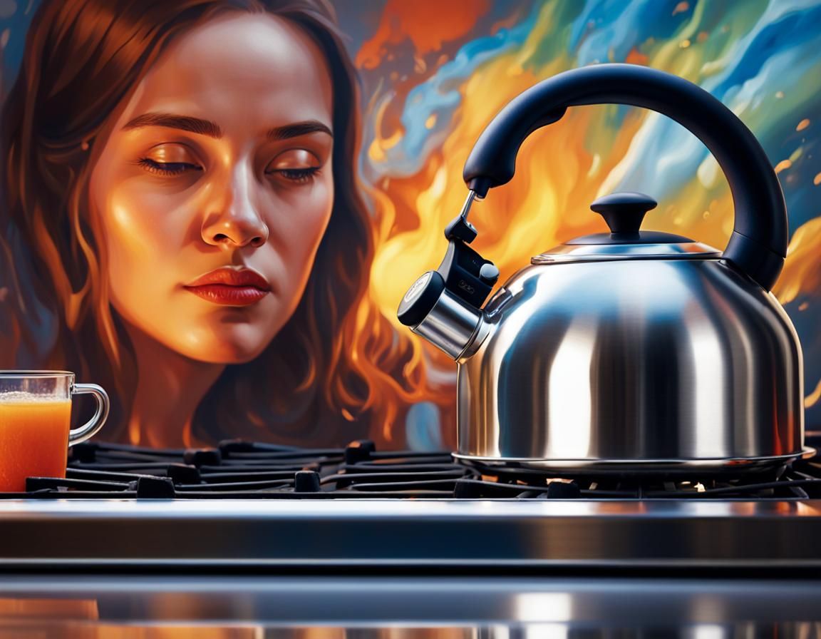 Hyperrealistic Kettle Reflecting a Woman on Stove