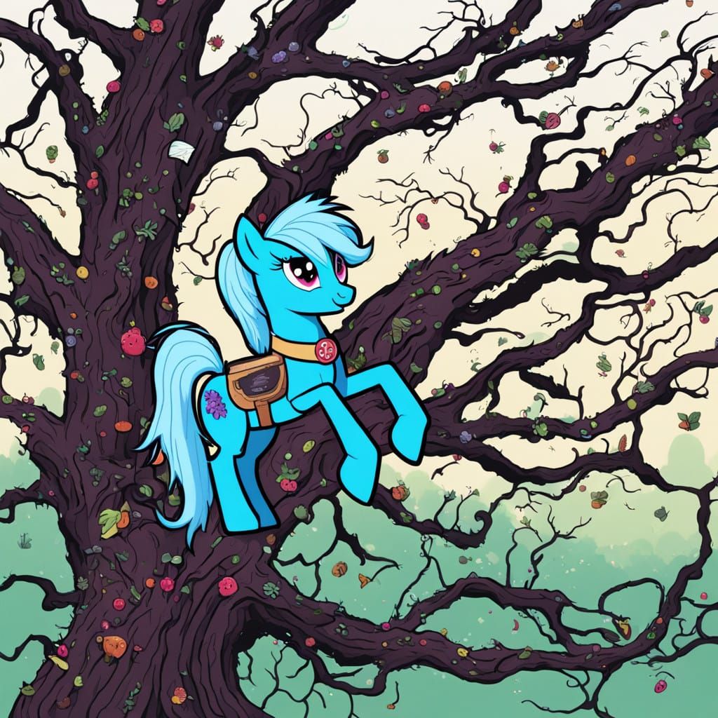 Cyberpunk My Little Pony in a Gnarled, Dead Tree