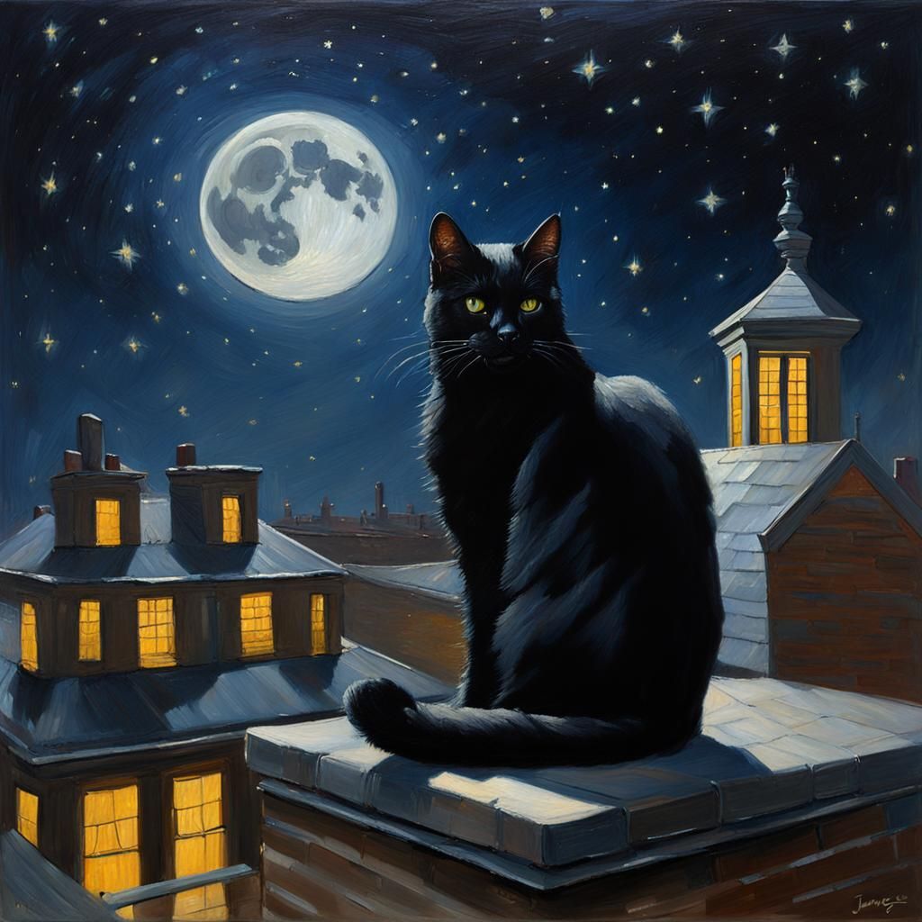 Black Cat on Rooftop Oil Painting