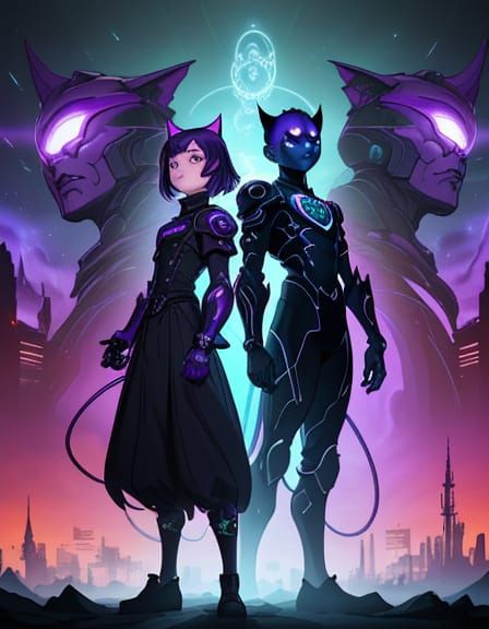 Futuristic Feline Heroes in a Cyberpunk Cityscape