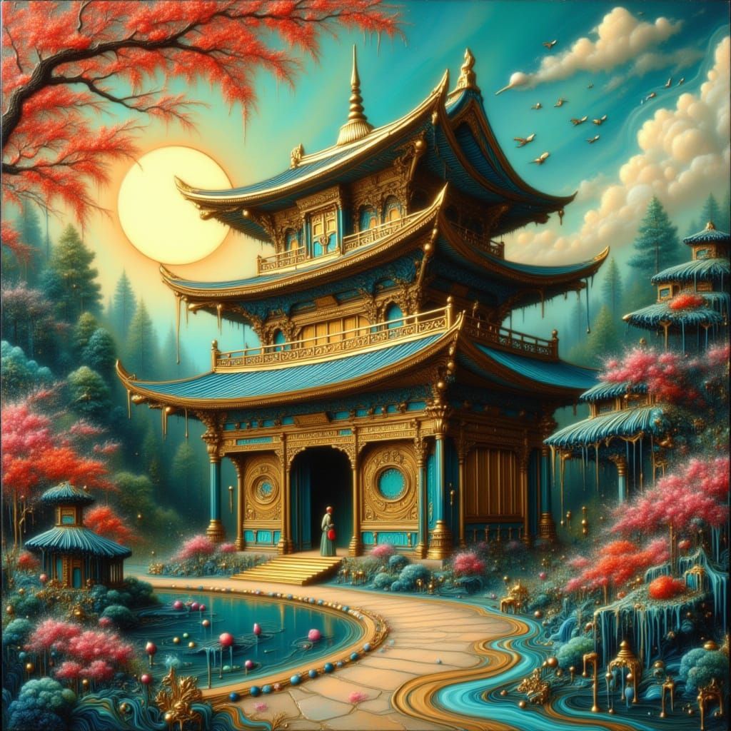 Ornate Japanese Pagoda with Gold Leaf in Sunrise Glow