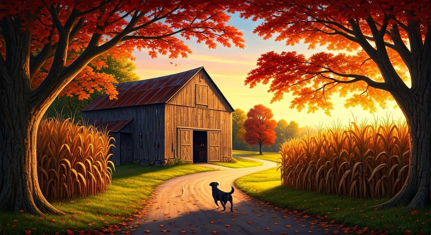 Autumn Country Lane with Cornfields and Dogs