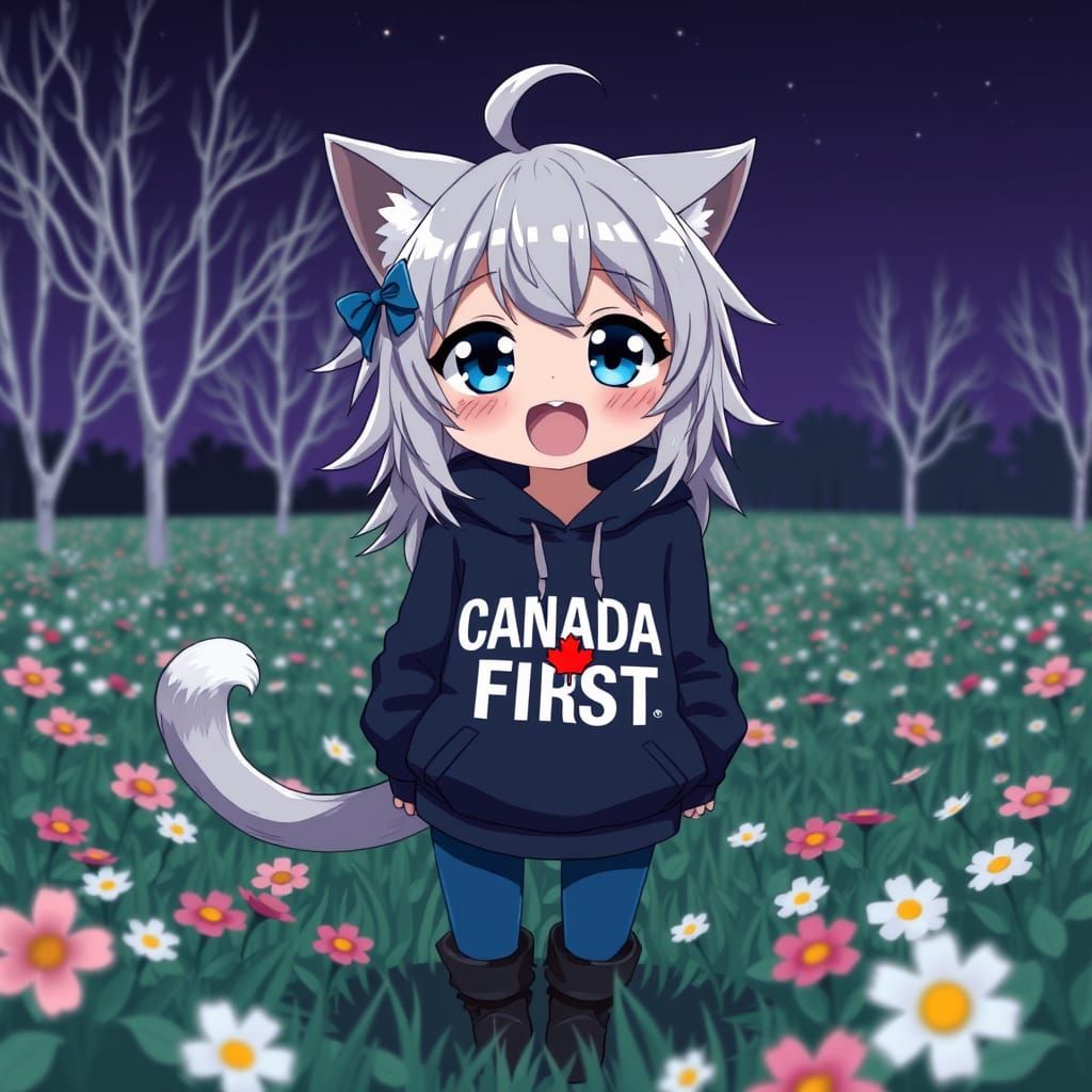 Anime Catgirl in a Canadian Field at Night