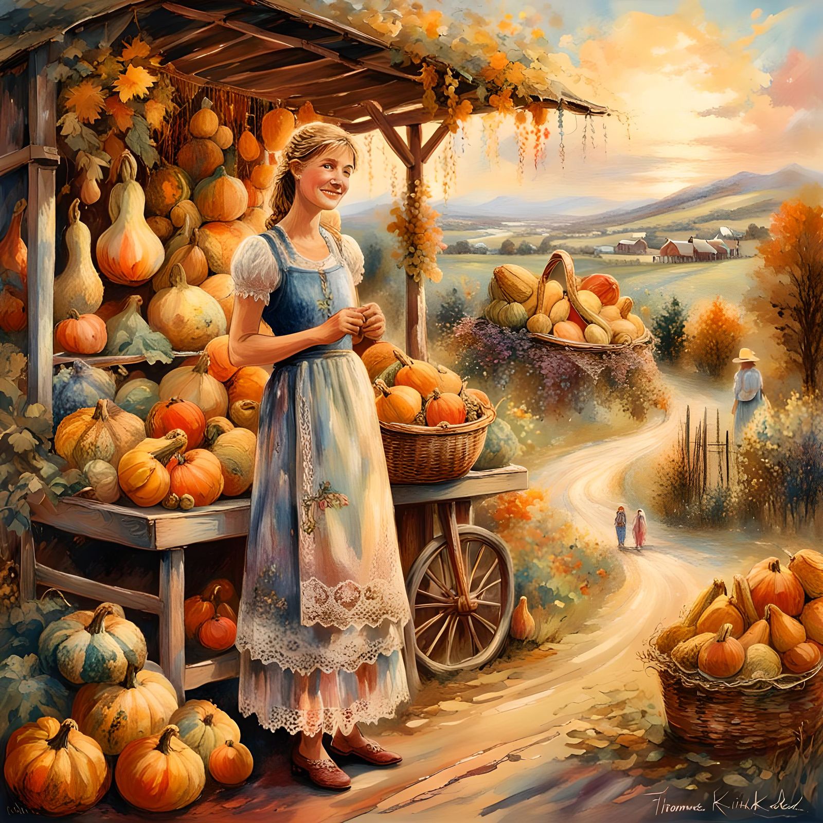 Smiling Woman at Retro Roadside Gourd Stand