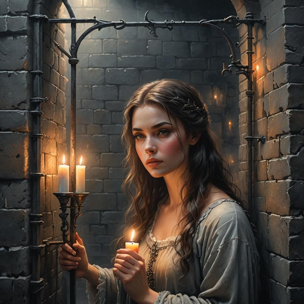 Medieval Dungeon: Young Girl Behind Bars in Ethereal Style