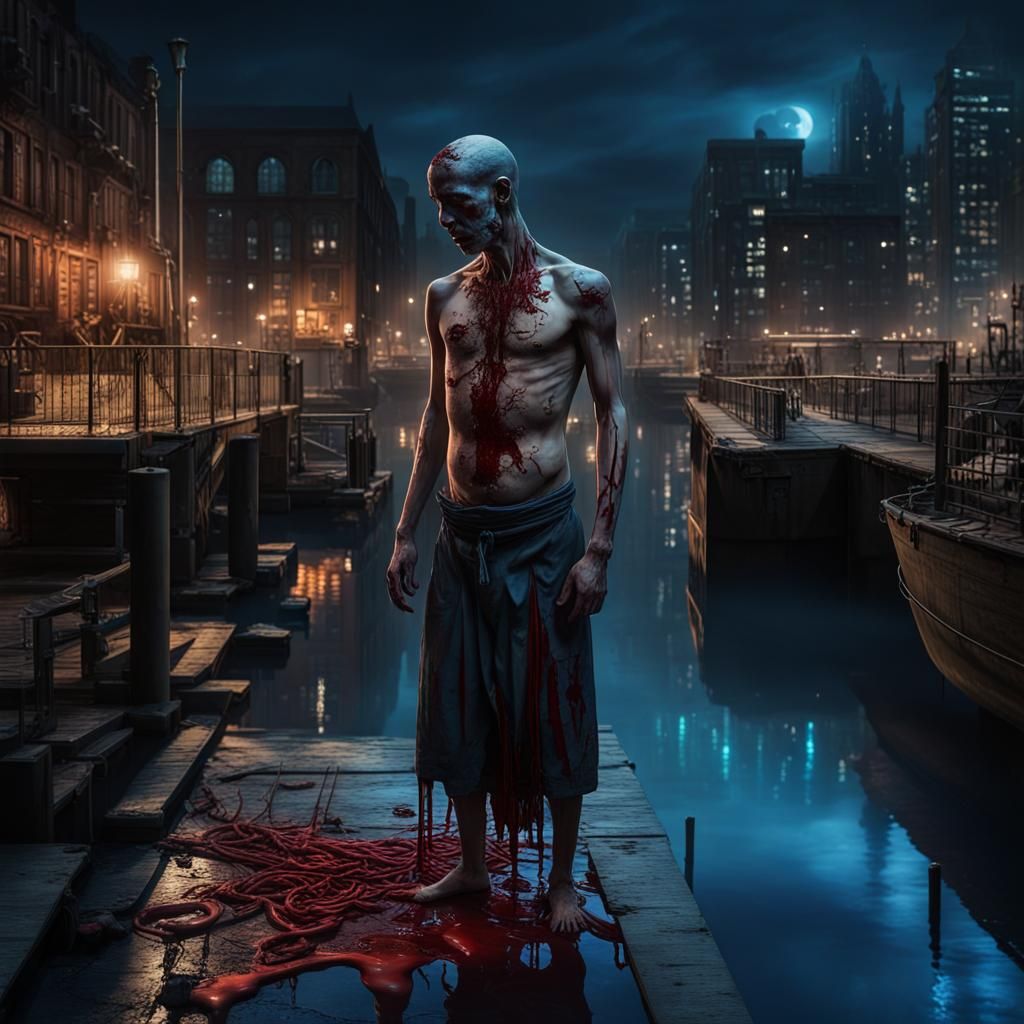 Disturbing Dockside Scene: Blood, Organs, and City Lights