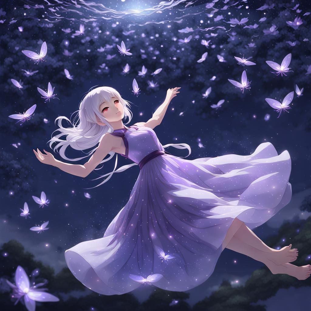 Anime Girl Floating in Firefly Night, 3D Render