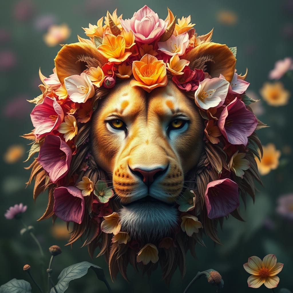 Lion's Face Flower Art: Detailed Matte Painting