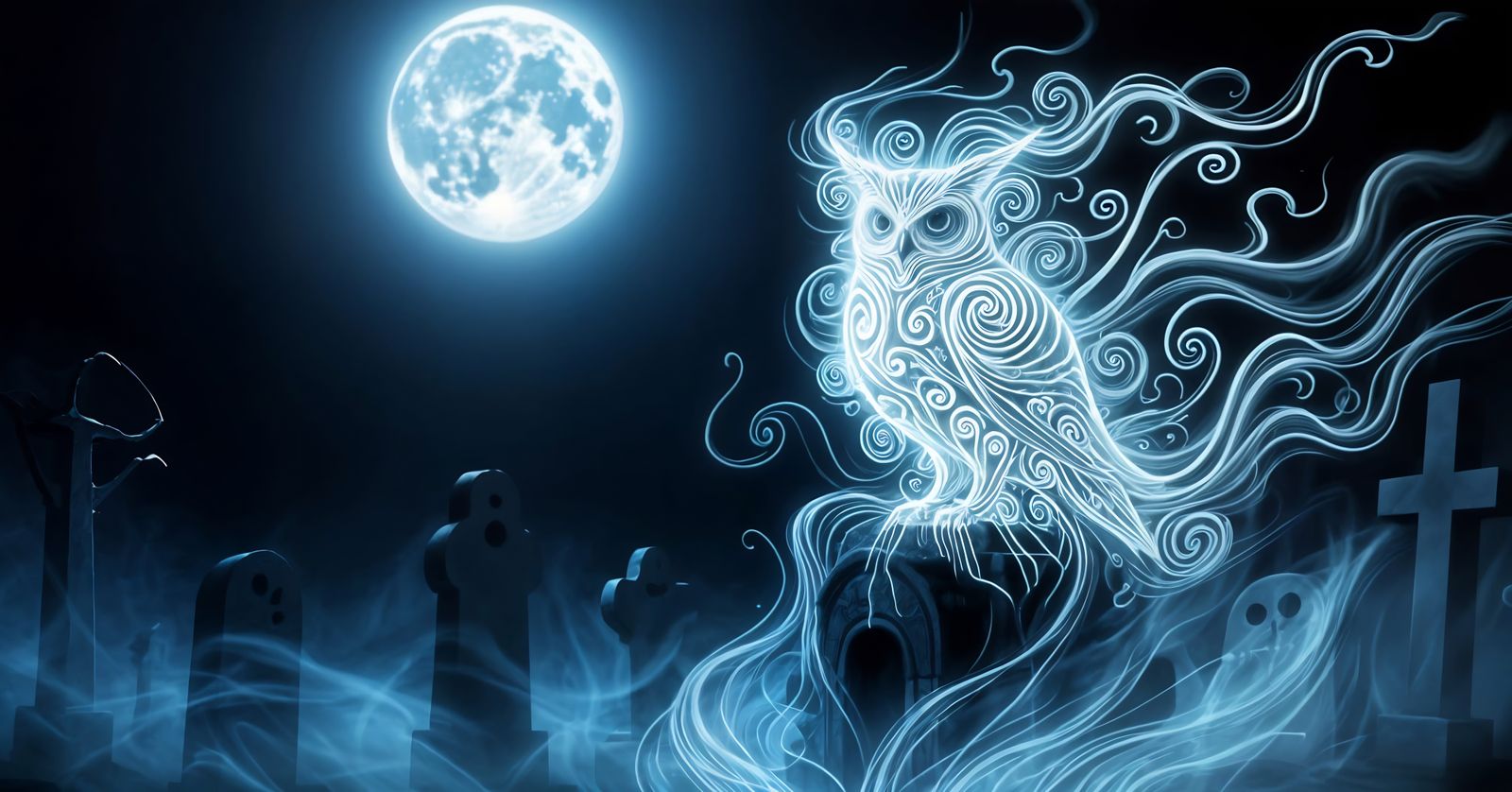 Ghost Owl on Mausoleum in Eerie Moonlight