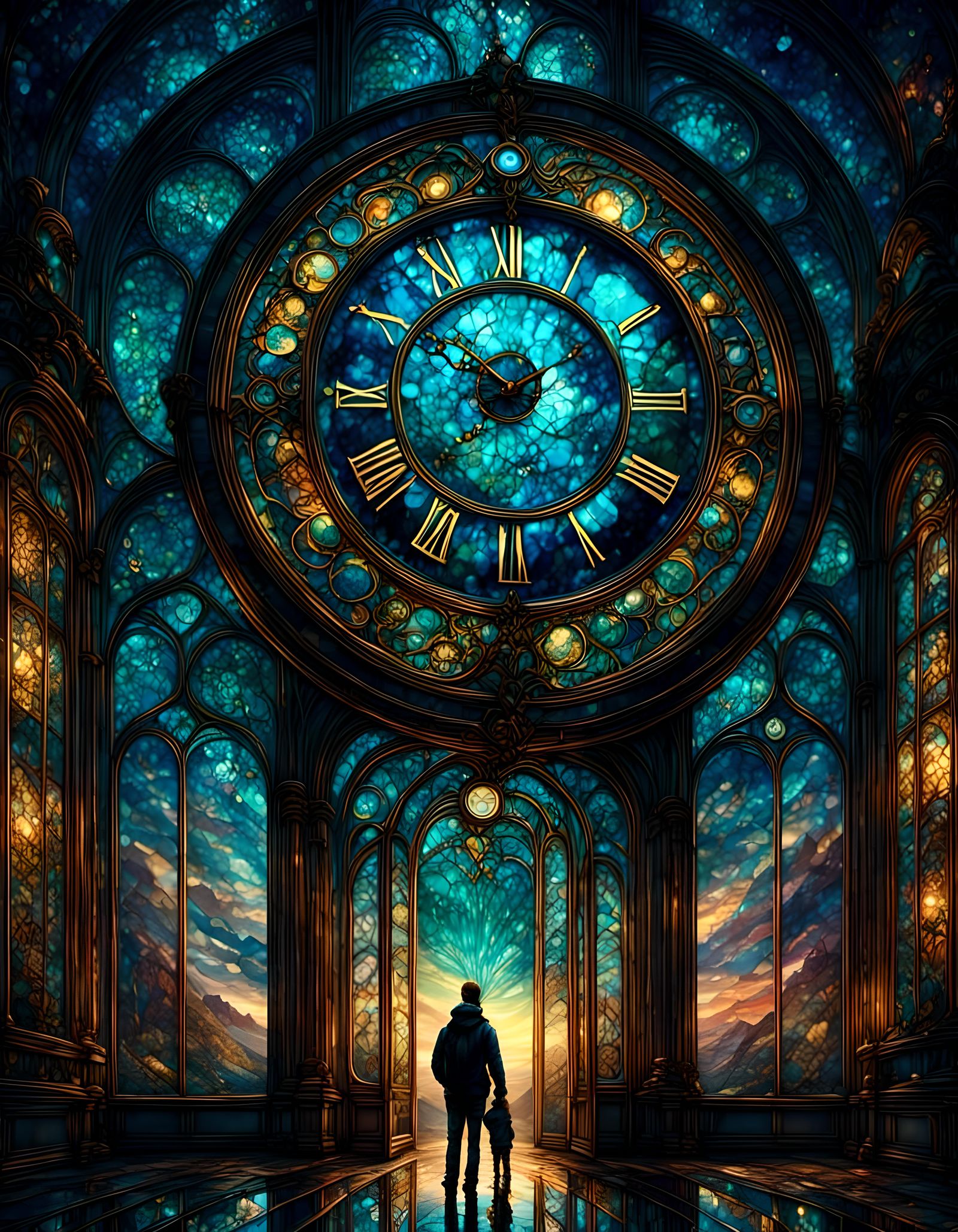 Bioluminescent Stained Glass Clock in Ethereal Sky