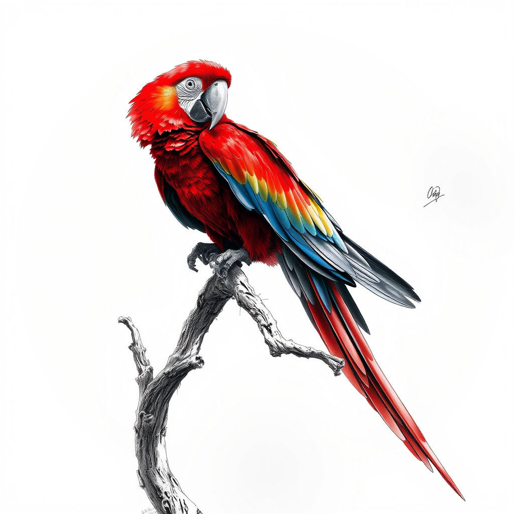 Monochromatic Macaw Sketch in Fantasy Art Style