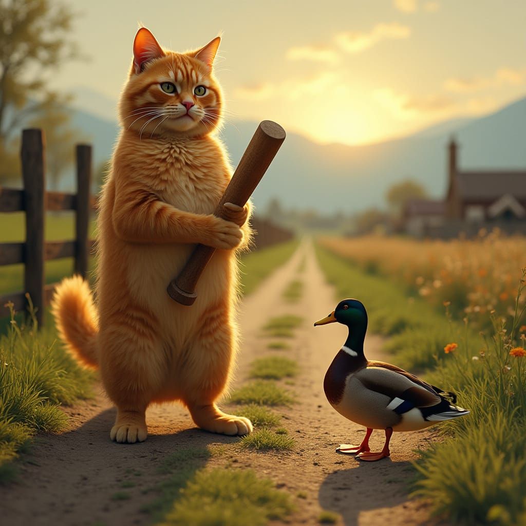 Whimsical Sunrise Scene: Orange Tabby Cat Holds Baseball Bat