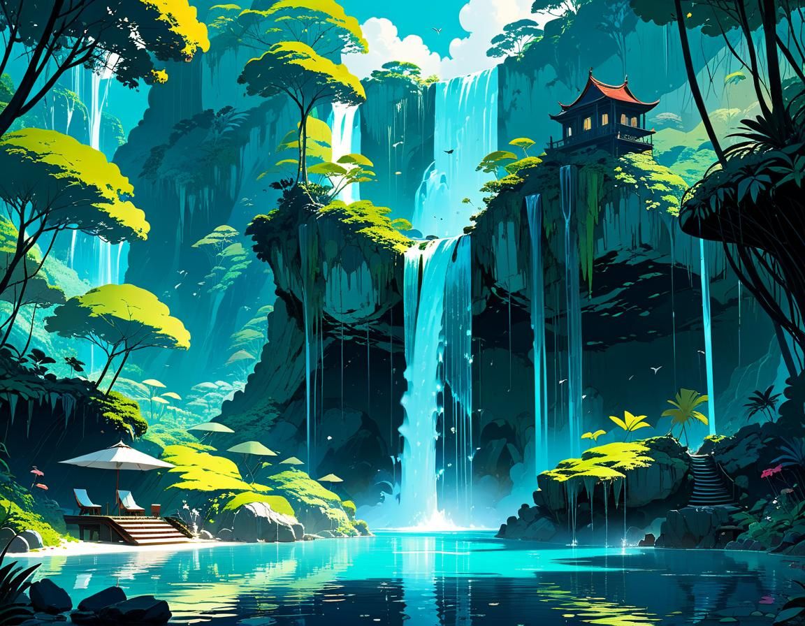 Mysterious Waterfall Lagoon Digital Matte Painting