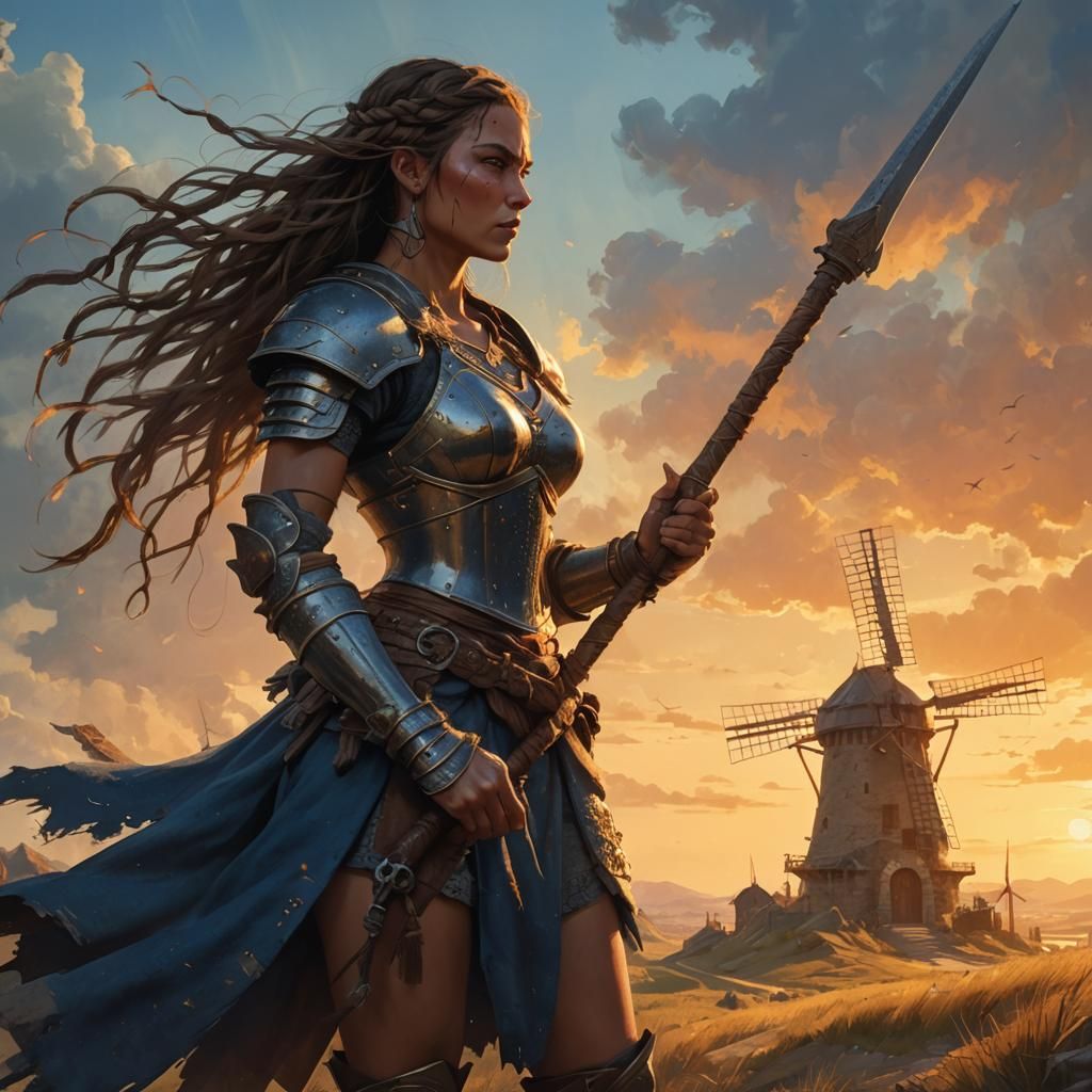 Fantasy Woman Tilting at Windmills in Frazetta Style