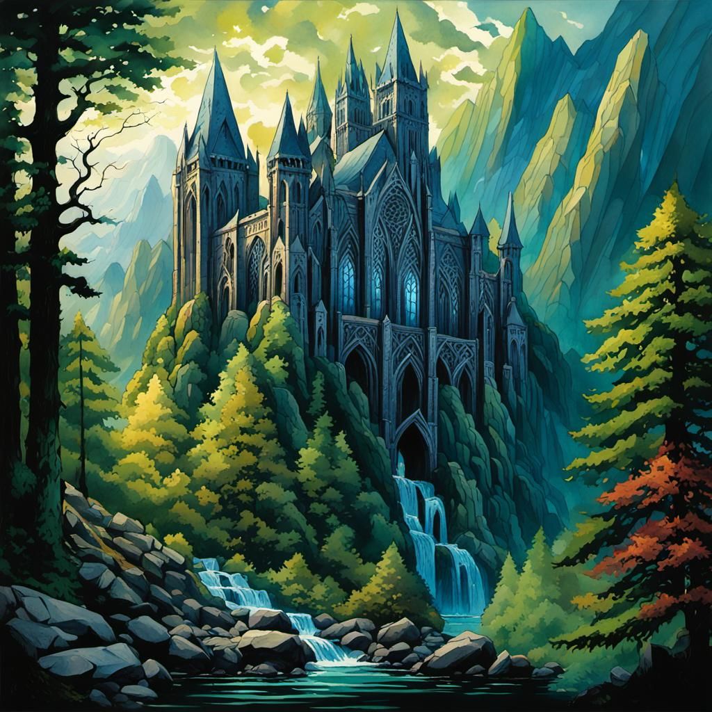 Ethereal Gothic Cathedral in Watercolor Style