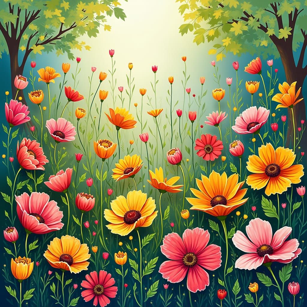 Vibrant Floral Wonderland in Whimsical Style