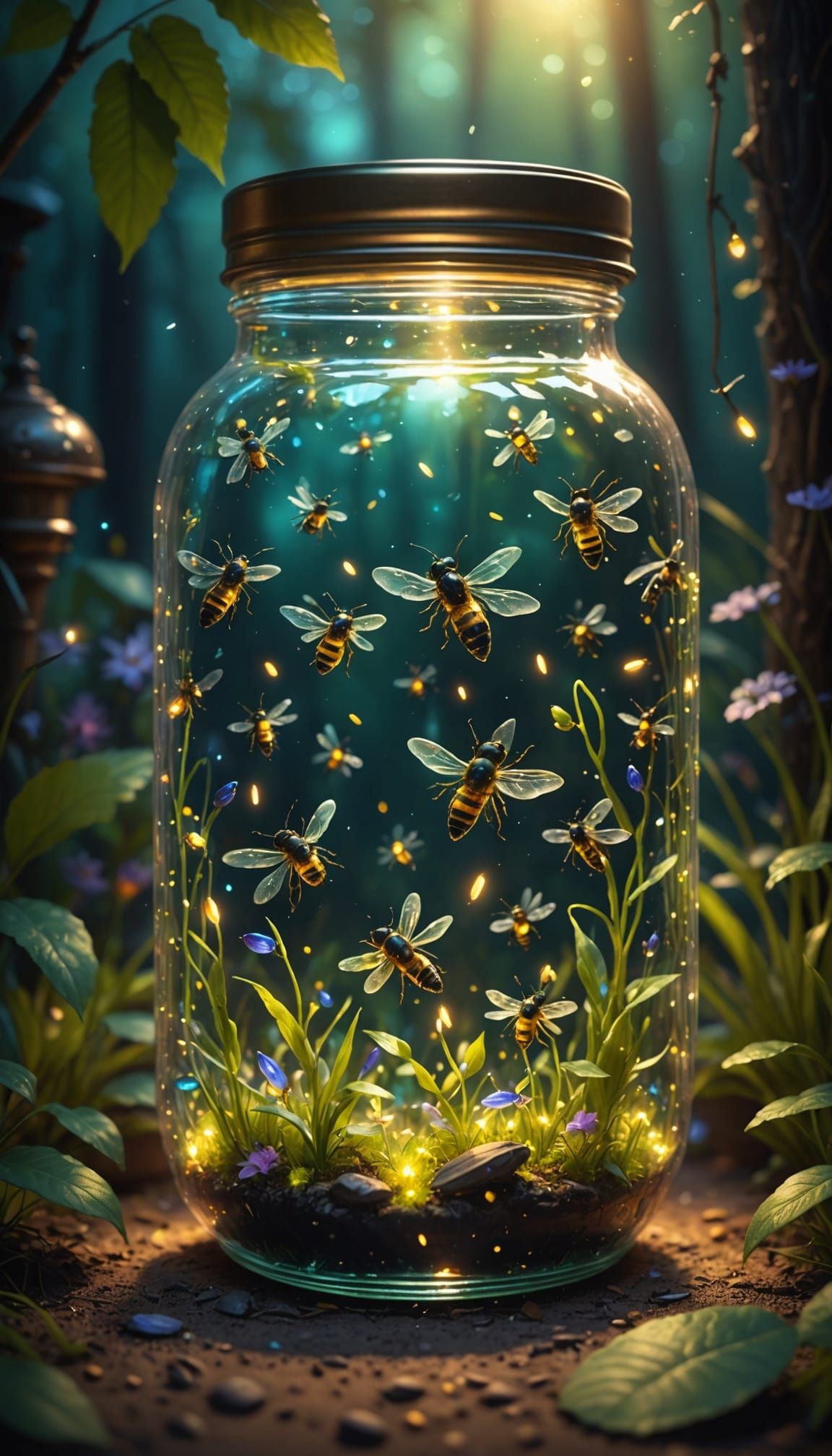 Enchanted Glass Jars with Tiny Fireflies in Whimsical Fantas...