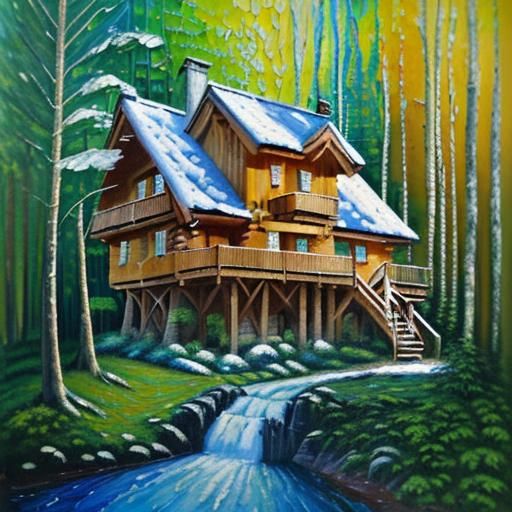 Chalet by Waterfall: Expressionist Impasto Acrylic Painting