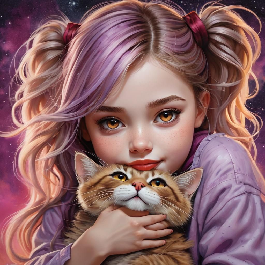 Girl with Cat Portrait in Fantasy Oil Painting Style