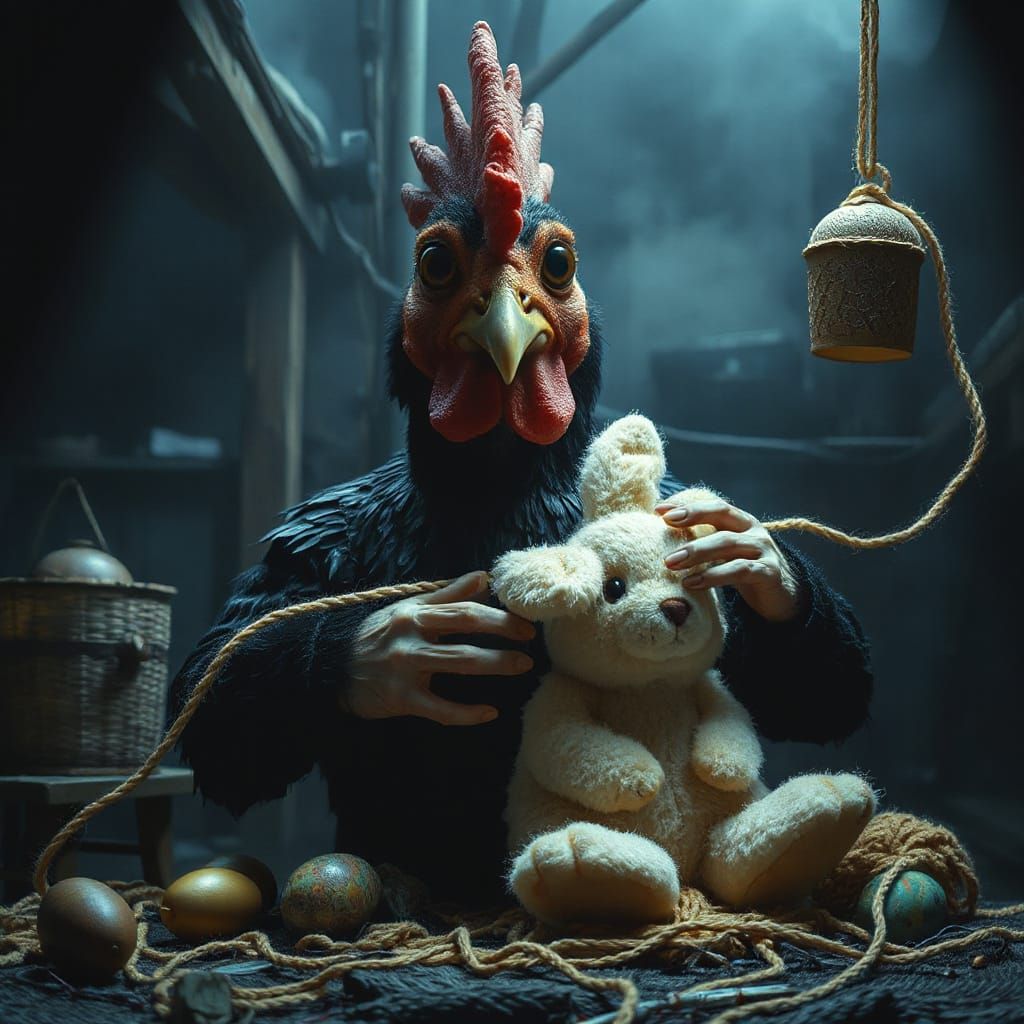 Surreal Easter Bunny Knitting Masterpiece in Dark Pop Art St...