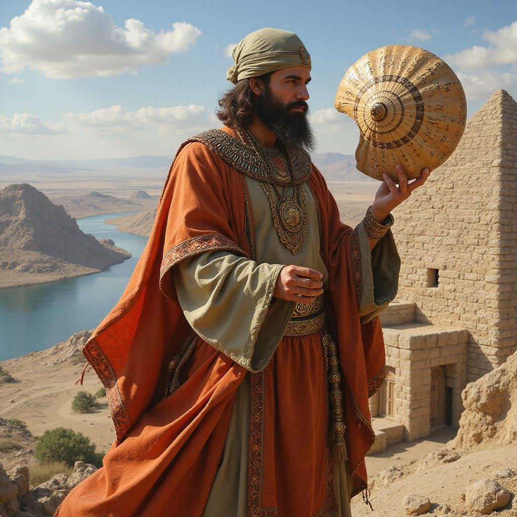 Babylonian Priest Presents Cuneiform Seashell on Ziggurat