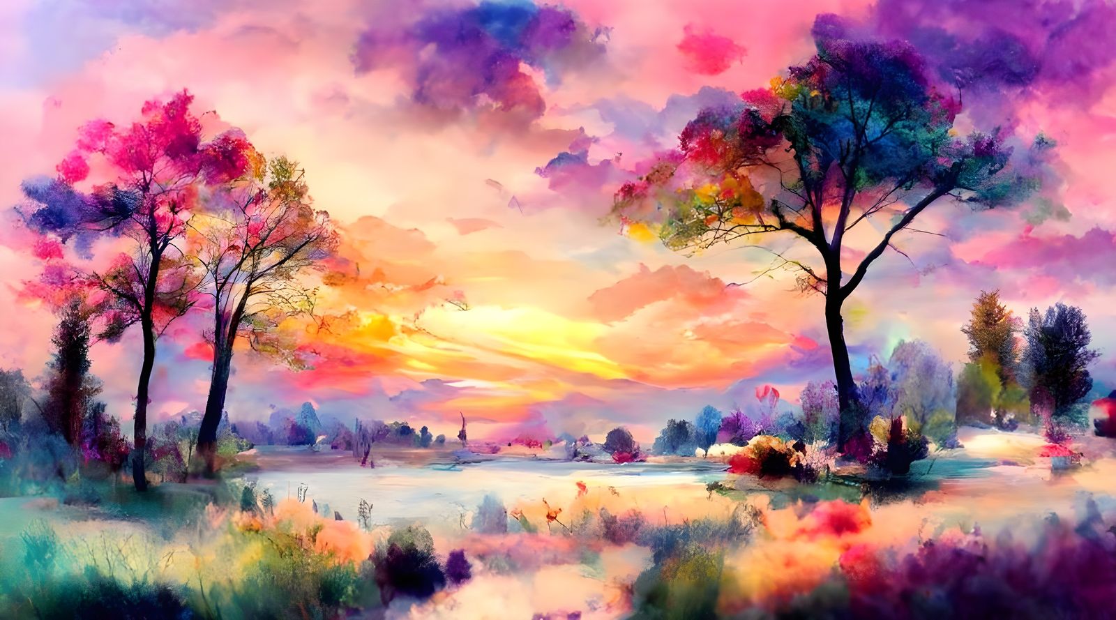 Whimsical Watercolour Sunset Landscape